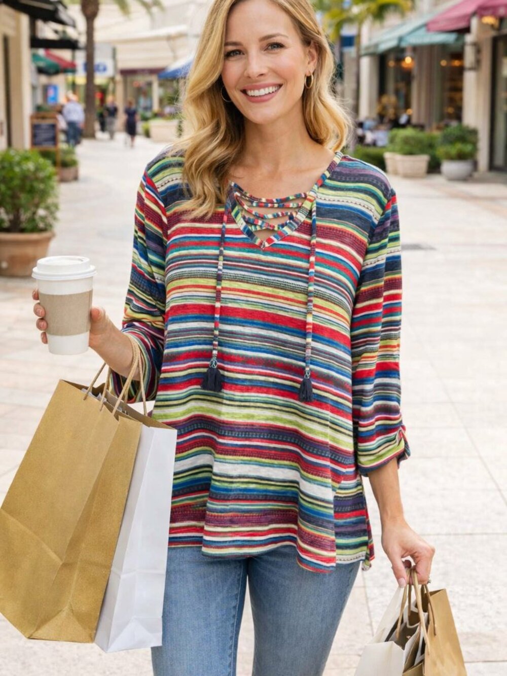 MULTIPLES Colorful Boho Lace‑Up Tunic top Size XL